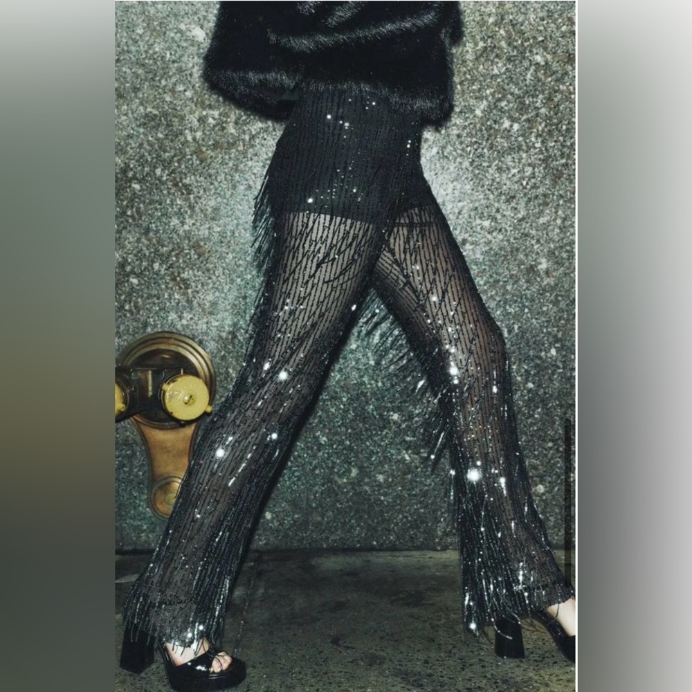 ZARA Festive Days Black Sequin Flare Pants NWT Size L Sparkly Party NYE Holiday